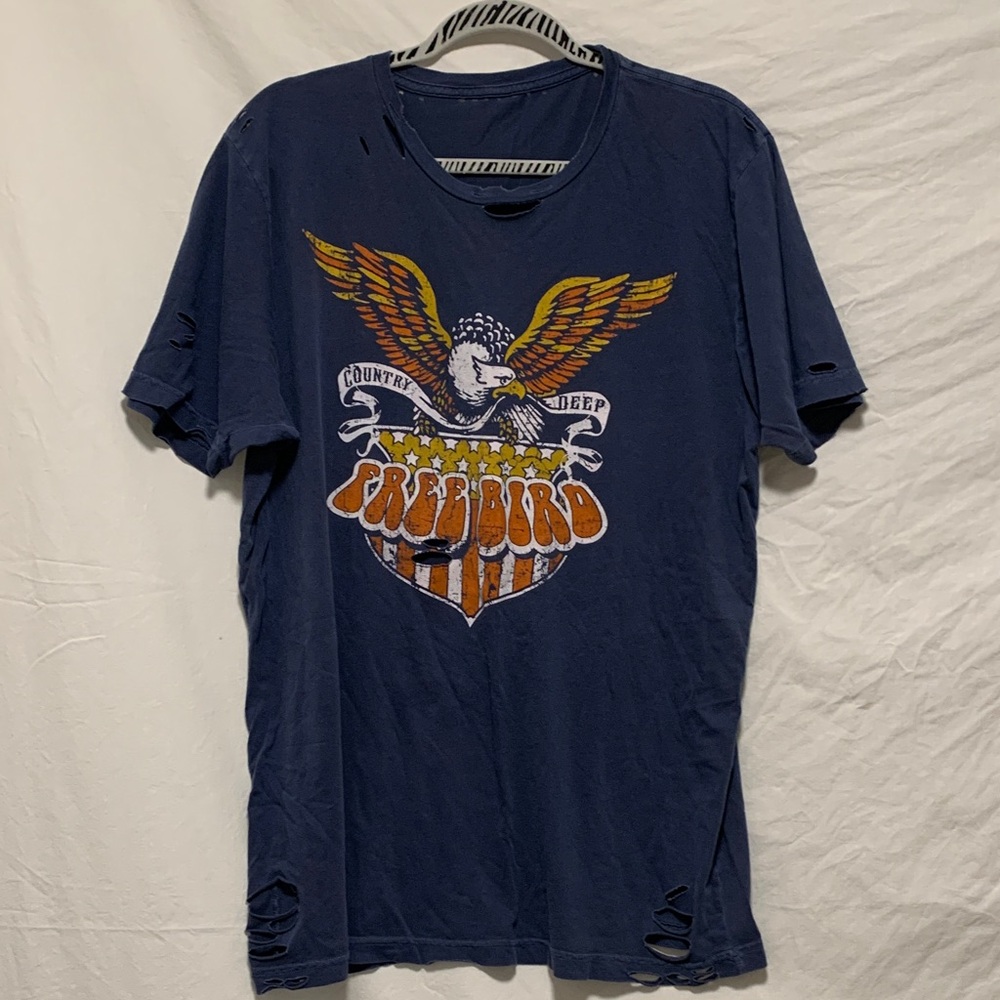 Country Deep Vintage 1980’s Distressed Unisex Blue Freebird Graphic T-Shirt XL